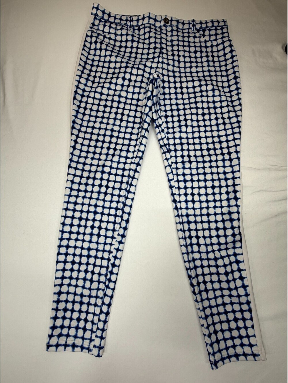 Hue Women’s Pants Ankle Skinny 5 Pocket Mid Rise Tie Dye Size L Blue White